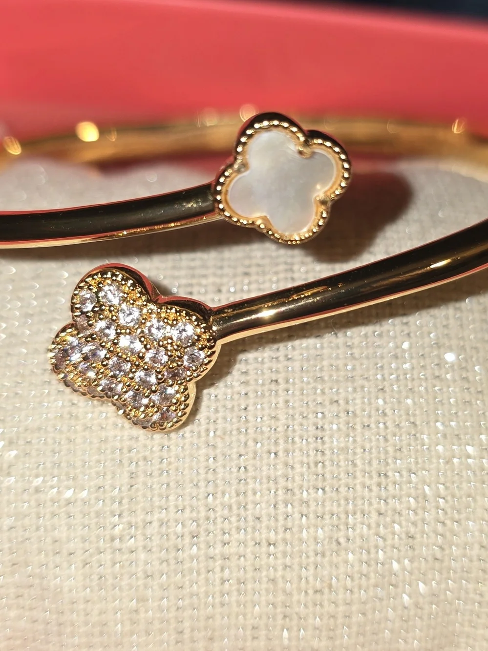 Gold Clover Open Cuff Bracelet with Mother-of-Pearl and Crystal Accents